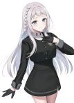  1girl absurdres alternate_costume alternate_hairstyle black_gloves black_jacket black_skirt blue_eyes blush braid commentary_request cropped_jacket gakuen_idolmaster gloves grey_hair hands_on_own_chest high-waist_skirt highres idolmaster jacket katsuragi_lilja light_smile long_hair long_sleeves looking_at_viewer miyuki_kotori shirt simple_background skirt solo straight_hair thighs very_long_hair white_background white_shirt 
