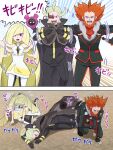 1girl 2boys absurdres bare_shoulders beard black_gloves black_pants blonde_hair breasts closed_eyes closed_mouth commentary_request dress facial_hair fingerless_gloves fur-trimmed_jacket fur_trim ghetsis_(pokemon) gloves green_hair hair_over_one_eye halo highres jacket leggings long_hair long_sleeves looking_at_viewer lusamine_(pokemon) lysandre_(pokemon) mind_control mochi_mochi_dance multiple_boys open_mouth orange_hair pants pecharunt pokemoa pokemon pokemon_(creature) pokemon_bw2 pokemon_sm pokemon_sv pokemon_xy possessed purple_eyes scouter shirt sleeveless sleeveless_dress smile spiked_hair sweatdrop team_flare team_plasma very_long_hair white_dress white_leggings yellow_eyes yellow_halo 