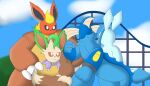 anthro armwear canid clothing costume eevee eeveelution female feral flareon generation_1_pokemon generation_4_pokemon glaceon group hi_res kangaskhan leafeon looking_away male mammal marine mega_buster nintendo pokemon pokemon_(species) raised_arm riuauraeon sky smashluigi25 vaporeon