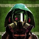  brown_hair chevasis gas_mask glowing glowing_eyes green_background headphones hood hood_up hooded_jacket jacket looking_at_viewer one_eye_covered original portrait purple_eyes solo unzipped 