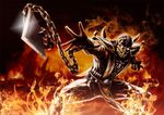  black_gloves chain edo_tatsuki fingerless_gloves fire gloves glowing glowing_eyes male_focus mask mortal_kombat outstretched_arm pauldrons scorpion_(mortal_kombat) solo sword weapon 