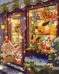  animal_focus bird blue_eyes bow box christmas_stocking christmas_tree closed_mouth colored_skin comfey commentary_request delibird eevee flareon gem gift gift_box gimmighoul gimmighoul_(roaming) green_scarf hat highres holly lantern long_legs matsuri_(matsuike) mega_pokemon mega_starmie no_eyes no_humans one_eye_closed open_mouth pillow pokemon pokemon_(creature) pokemon_focus purple_skin red_gem red_hat ribbon santa_hat scarf smile snover snow snowing starfish starmie sylveon 