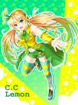  :d bare_shoulders blonde_hair c.c._lemon c.c._lemon_(character) character_name copyright_name detached_sleeves gradient_hair green_eyes headphones multicolored_hair navel noe_noel open_mouth outstretched_arm shorts smile solo striped striped_legwear thighhighs 