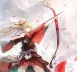  aiming arrow blonde_hair bow_(weapon) braid drawing_bow flower green_eyes hair_ribbon holding holding_arrow holding_bow_(weapon) holding_weapon japanese_clothes long_hair outstretched_arm petals pixiv_fantasia pixiv_fantasia_sword_regalia ponytail ribbon ryuuzaki_ichi solo twin_braids weapon 