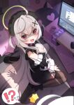  !? 100ton250 2girls beatrixa_(stella_sora) black_dress black_shoes black_thighhighs blush cleavage_cutout clothing_cutout commentary computer_keyboard computer_mouse cup detached_sleeves dress dutch_angle embarrassed female_tyrant_(stella_sora) frilled_dress frilled_sleeves frills from_above garter_straps grey_hair hair_ornament hair_ribbon halo heart_cutout highres lilibea_(stella_sora) livestream long_hair looking_at_viewer monitor multiple_girls on_floor open_mouth pink_ribbon red_eyes ribbon shaded_face shadow shoes silhouette sitting smile solo_focus speech_bubble spoken_interrobang stella_sora stuffed_toy tea teacup thighhighs two_side_up tyrant_(stella_sora) very_long_hair virtual_youtuber walk-in wariza x_hair_ornament 