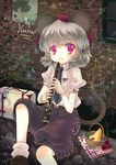  alternate_costume animal_ears basket blush cheese clarinet flower food instrument iris_anemone mouse_ears mouse_tail nazrin pants red_eyes rose short_hair silver_hair sitting solo tail touhou 