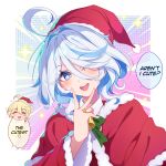  1boy 1girl ;d absurdres aether_(genshin_impact) ahoge bell blue_eyes blue_hair blue_pupils blush bow bowtie capelet commentary drop-shaped_pupils english_commentary english_text engrish_text fur-trimmed_capelet fur_trim furina_(genshin_impact) genshin_impact green_bow green_bowtie hair_between_eyes hand_up hat highres long_sleeves medium_hair midori_(midori13579) multicolored_hair neck_bell one_eye_closed open_mouth pom_pom_(clothes) ranguage red_capelet red_hat santa_hat smile symbol-shaped_pupils upper_body white_hair 