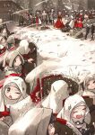  6+girls basket black_pants brown_hair character_request commentary dress english_commentary flora_sister_(ironlily) flower gambeson goggles hat hat_flower head_wreath highres holding holding_mace holding_shield holding_snowball holding_weapon ironlily kettle_helm lady_leonie_(ironlily) mace multiple_girls ordo_mediare_sisters_(ironlily) original outdoors pants red_dress shield snowball snowball_fight snowing surcoat taunting trebuchet veil weapon white_veil wimple winter 