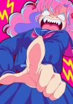  1girl blue_sailor_collar blue_serafuku blue_shirt blue_skirt commentary constricted_pupils from_below hair_ribbon highres lightning_bolt_symbol long_hair looking_at_viewer neckerchief nka_46 pink_background pink_eyes pink_hair pleated_skirt pointing pointing_at_viewer ran_(urusei_yatsura) red_neckerchief red_ribbon ribbon sailor_collar school_uniform serafuku sharp_teeth shirt shirt_peek shirt_tucked_in skirt solo standing teeth upper_teeth_only urusei_yatsura v-shaped_eyes white_shirt 