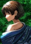  1girl absurdres armpit_crease artificial_eye blue_kimono braid brown_hair chaosoded closed_mouth commentary crown_braid english_commentary green_background highres japanese_clothes kimono kimono_partially_removed leaf leaf_background looking_at_viewer mechanical_eye niijima_makoto persona persona_5 portrait red_eyes short_hair single_bare_shoulder single_mechanical_eye solo wispy_bangs 