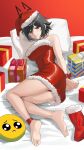  1girl ankle_strap arms_behind_back bare_arms bare_legs bare_shoulders barefoot black_hair bound bound_wrists box breasts bright_pupils catherine_(sedai) closed_mouth commentary drawn_ears dress emoji english_commentary feet full_body fur-trimmed_dress fur_trim gift gift_box gradient_background hair_between_eyes hat highres looking_at_viewer lying medium_breasts messy_hair on_side original pleading_face_emoji red_background red_dress red_eyes santa_hat sedai short_hair solo strapless strapless_dress thigh_focus tube_dress white_pupils 