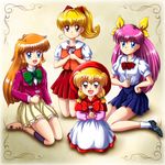  akazukin_chacha blonde_hair blue_eyes bow brown_eyes chacha_(akazukin_chacha) crossover flower hanasaki_momoko haneoka_meimi highres hood kaitou_saint_tail long_hair mimimix moriya_ririka multiple_crossover multiple_girls nurse_angel_ririka_sos orange_hair pink_hair ponytail school_uniform wedding_peach yellow_bow 