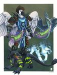  anthro avian black_fur black_scales canine feral fur group kacey male mammal plain_background scaile scalie standing sword video_games warcraft weapon white white_feathers wings wolf world_of_warcraft 