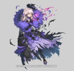  1girl battle_damage black_dress black_pantyhose book breasts clenched_teeth commentary_request damaged dress fighting_stance fire_emblem fire_emblem:_three_houses fire_emblem_heroes fur_trim gloves hagure_keg hair_ornament hat holding holding_book long_hair long_sleeves looking_at_viewer lysithea_von_ordelia lysithea_von_ordelia_(earnest_seeker)_(resplendent) official_art open_mouth pantyhose pink_eyes purple_dress shoes simple_background small_breasts solo tassel tassel_hair_ornament teeth torn_clothes white_hair 