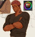  1boy alternate_skin_color art_program_in_frame artist_name black_nails black_shirt closed_mouth collarbone_tattoo color_wheel commentary cropped_torso crossed_arms eyebrow_cut facial_tattoo glasses highres jujutsu_kaisen looking_at_viewer male_focus mole mole_on_neck muscular muscular_male neck_tattoo outer_glow outline photoshop_(medium) pink_hair plug_(piercing) red_eyes ryoumen_sukuna_(jujutsu_kaisen) shirt short_hair sketch_inset sleeves_pushed_up tan tattoo to_0fu white_background yellow_outline 