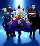  1girl 3boys arms_at_sides black_robe blonde_hair blue_eyes bodysuit breasts brown_eyes brown_hair clerical_collar clothing_cutout coat commentary_request cossack cross diamond-shaped_pupils diamond_(shape) elbow_gloves fate/grand_order fate/zero fate_(series) full_body fur_coat fur_trim gloves gradient_hair grey_hair grigori_rasputin_(fate) hair_between_eyes hair_slicked_back high_collar horns huge_horns jewelry kayneth_el-melloi_archibald kotomine_kirei long_hair long_horns long_sleeves monster multicolored_hair multiple_boys navel necklace nrvnqsr_chaos olga_marie_animusphere open_clothes open_coat open_mouth orange_eyes orange_hair priest robe short_hair solo stole stomach_cutout stomach_mouth striped_bodysuit symbol-shaped_pupils syuugou_11 tongue tongue_out trench_coat tsukihime u-olga_marie vampire white_gloves white_hair 