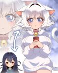  2girls absurdres animal_ears arrow_(symbol) bell black_hair blue_eyes breasts cat_ears cat_tail chibi chibi_inset choker drawstring erigo hair_intakes heart heart_in_eye highres holding holding_phone hood hood_down hoodie jingle_bell kimi_no_koto_ga_dai_dai_dai_dai_daisuki_na_100-nin_no_kanojo large_breasts long_hair long_sleeves looking_at_viewer multiple_girls neck_bell nekonari_tama parted_lips personality_switch phone pink_choker short_hair solid_oval_eyes symbol_in_eye tail white_hair white_hoodie yoshimoto_shizuka zoom_layer 