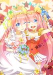  ;d absurdres angel_peach bad_id bad_pixiv_id blue_eyes bouquet bow colored_eyelashes dress dual_persona flower hanasaki_momoko highres huiji long_hair magical_girl multiple_girls one_eye_closed open_mouth pink_bow pink_hair rose smile wand wedding_dress wedding_peach yellow_bow 