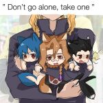  1girl 3boys animal_ears black_hair blonde_hair blue_hair blush_stickers carrying carrying_under_arm cat_boy cat_ears ciel_(tsukihime) commentary_request fang fate/grand_order fate_(series) fox_boy fox_ears fox_tail glasses hair_slicked_back long_hair meme michael_roa_valdamjong michael_roa_valdamjong_(human) multiple_boys multiple_persona possessed priest red_eyes roa-ciel shirt short_hair sketch smile tail tarantella_(fate) tsukihime tsukihime_(remake) vampire white_shirt wholelottalovi1 