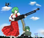  ammo_box ascot bullet camera cirno commentary gun heavy_machine_gun helmet huge_weapon kazami_yuuka machine_gun multiple_girls plaid plaid_vest shameimaru_aya short_hair touhou toys_(pixiv) vest weapon wings wriggle_nightbug 