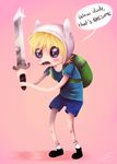  adventure_time backpack blonde_hair blue_eyes blush english_text finn finn_the_human hair hat human imalou male mammal not_furry solo sword text weapon 