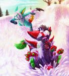  2017 action_pose angel_dragon anthro canine chibity chimera claws detailed_background digital_media_(artwork) digital_painting_(artwork) dragon duo forked_tongue fur furred_dragon green_pawpads hybrid male mammal multicolored_fur open_mouth pawpads playing pose reverb running shai_noctflame snow snowing tail_blade tongue tongue_out tree winter 