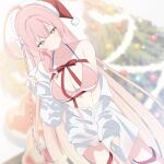  1girl bikini blue_archive breasts bright_pupils christmas christmas_tree commentary_request fur-trimmed_headwear fur_trim green_eyes halo hanako_(blue_archive) hanako_(swimsuit)_(blue_archive) hat kaerunrun large_breasts long_hair long_sleeves official_alternate_costume pink_bikini pink_hair pink_halo red_hat red_ribbon ribbon santa_hat shirt solo swimsuit very_long_hair white_pupils white_shirt 