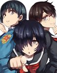  black_hair blue_eyes brown_eyes brown_hair glasses hayakawa_aika multiple_girls nazo_no_kanojo_x oka_ayuko open_mouth pepe_(jonasan) pointing saliva school_uniform urabe_mikoto 