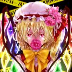  ameya_nihachi blonde_hair buttons caution_tape embellished_costume flandre_scarlet flower flower_in_mouth hat hat_ribbon pink_eyes ribbon shirt short_hair side_ponytail solo touhou upper_body vest wings 
