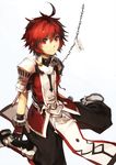  black_pants chain collar elsword elsword_(character) gloves lord_knight_(elsword) male_focus pants pauldrons red_eyes red_hair scorpion5050 sitting solo translation_request wariza 
