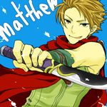  ashinamaturi bad_id bad_pixiv_id blonde_hair blue_background character_name cloak dagger fire_emblem fire_emblem:_rekka_no_ken licking_lips male_focus matthew reverse_grip solo tongue tongue_out weapon yellow_eyes 