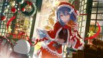  1girl banner blue_eyes blue_hair blue_nails bug butterfly candy candy_cane christmas_ornaments christmas_tree christmas_wreath ciel_(kamitsubaki_studio) commentary cowboy_shot crossed_bangs food fur-trimmed_shawl fur_trim gift hair_between_eyes highres holding holding_gift kamitsubaki_studio looking_at_viewer murasaki_shiro red_ribbon ribbon santa_costume second-party_source shawl snowing snowman solo standing virtual_youtuber wreath 