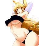  animal_ears armpits arms_up bandeau blonde_hair breasts brown_eyes dearmybrothers fox_ears fox_tail highres large_breasts multiple_tails navel short_hair simple_background solo tail touhou underboob white_background yakumo_ran 