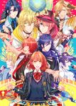  6+boys ;d bad_id bad_pixiv_id blonde_hair blue_eyes blue_hair bow brown_hair character_request choker fingerless_gloves glasses globe gloves green_eyes hat heart heart_hands heart_hands_duo highres hijirikawa_masato holding ichinose_tokiya ittoki_otoya jinguuji_ren kurusu_shou microphone multiple_boys musical_note nanami_haruka necktie one_eye_closed open_mouth orange_hair outstretched_arm piano_keys red_eyes red_hair ribbon_choker ro-a scarf school_uniform shinomiya_natsuki smile star uta_no_prince-sama yellow_eyes 