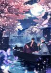  2boys alcohol architecture black_haori boat bridge bug butterfly cherry_blossoms choko_(cup) commentary_request cup east_asian_architecture full_moon g_rribbit gintama hadanugi_dousa haori highres holding holding_cup japanese_clothes kimono knee_up looking_at_another male_focus moon multiple_boys night night_sky open_clothes open_kimono outdoors pectorals petals purple_butterfly purple_hair purple_kimono sakata_gintoki sakazuki sake short_hair sitting sky smile takasugi_shinsuke tokkuri torii tree water watercraft white_hair white_kimono 