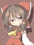  1girl :&lt; bad_id bad_pixiv_id bow brown_background brown_hair chibi frown hair_bow hair_tubes hakurei_reimu long_hair oniku_(shimofuri-ke) simple_background solo touhou 