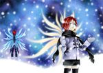  2boys blue_eyes child kratos_aurion multiple_boys red_hair scarf short_hair snow tales_of_(series) tales_of_symphonia wings zelos_wilder 