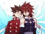  2boys age_difference bare_shoulders belt brown_hair eyes_closed father_and_son folks_(nabokof) happy kratos_aurion lloyd_irving long_hair multiple_boys red_hair short_hair simple_background smile tales_of_(series) tales_of_symphonia wings 