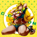  arms_behind_head arms_up belt blonde_hair breasts c.c._lemon c.c._lemon_(character) denim denim_shorts green_eyes grin large_breasts long_hair md5_mismatch navel one_eye_closed sandals shorts sitting smile solo thick_thighs thighs wariza yana_(nekoarashi) 