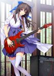  440 amplifier black_hair blush brand_name_imitation cable electric_guitar guitar ibanez instrument japanese_clothes long_hair open_mouth original red_eyes skirt smile solo thighhighs 