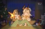  1other 2girls animal-themed_footwear arknights astrograph21 black_horns blanket blonde_hair blush box brown_hoodie character_doll chewing christmas christmas_present christmas_tree closed_eyes cookie doll dress english_commentary extra_horns fire flame-tipped_tail food from_behind fur-trimmed_dress fur-trimmed_shoes fur_trim gift gift_box gingerbread_man hat holding holding_food hood hoodie horns indoors long_hair long_sleeves long_tail mandragora_(arknights) milk milk_mustache multiple_girls necrass_(arknights) night night_sky picture_frame plate pom_pom_(clothes) purple_fire red_dress red_hat reed_(arknights) reed_the_flame_shadow_(arknights) reed_the_flame_shadow_(glowing_flame_in_the_night)_(arknights) santa_hat shoes siblings sisters sky sparkle star_(sky) starry_sky tail tail_wrap tatami waving white_shoes 