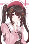  1girl absurdres alternate_costume beret black_choker black_hair bow brown_hair chinese_commentary choker commentary_request hair_ornament hat highres honkai:_star_rail honkai_(series) long_hair long_sleeves looking_at_viewer pink_eyes pink_shirt ribbon shirt smile solo sparkle_(honkai:_star_rail) twintails upper_body yino 