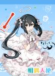  1girl alternate_costume angel angel_wings black_hair blue_background bow brown_eyes chinese_commentary chinese_text commentary_request dress english_text feathered_wings flower frilled_dress frills gloves guitar hair_between_eyes hair_flower hair_ornament halo highres holding instrument k-on! long_hair looking_at_viewer migolu mixed-language_text nakano_azusa nuoweisenlin_tongren_gongzuoshi pink_dress puffy_short_sleeves puffy_sleeves ribbon short_sleeves smile solo twintails white_dress white_flower white_gloves white_wings wings 