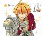  #compass 1boy armor blonde_hair blush braid braided_ponytail cape chibi chibi_inset commentary_request fate/strange_fake fate_(series) long_hair looking_at_viewer male_focus multicolored_hair open_mouth red_cape red_eyes red_hair richard_i_(fate) shunrai_224 single_braid smile solo speech_bubble streaked_hair upper_body 