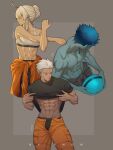  1girl 2boys abs ahoge alternate_hair_length alternate_hairstyle archer_(fate) black_male_underwear blonde_hair blue_eyes breasts cargo_pants character_name closed_eyes clothes_around_waist clothes_lift commentary cross-body_stretch cu_chulainn_(fate) dark-skinned_female dark-skinned_male dark_skin earrings english_commentary eyes_visible_through_hair fate/stay_night fate_(series) grey_sports_bra hair_bun hair_over_eyes highres holding jewelry male_underwear medium_breasts multiple_boys muscular muscular_male navel open_fly orange_pants original pants shirt_lift single_hair_bun sports_bra suhyeon sweatdrop sweater sweater_around_waist toned toned_female topless_male underwear white_hair 