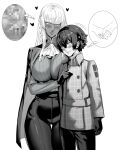  1boy 1girl blush breast_press breasts brigitta_(metaphor:_refantazio) cape censored closed_mouth colored_eyelashes commentary_request dark-skinned_female dark_skin gloves greyscale hair_between_eyes hairband heart height_difference hetero huge_breasts imagining impossible_clothes impossible_shirt jacket jamjamstyle long_hair long_sleeves looking_at_another metaphor:_refantazio mixed-language_commentary monochrome mosaic_censoring pants parted_lips protagonist_(metaphor:_refantazio) revision shirt short_hair smile speech_bubble thigh_gap thought_bubble 