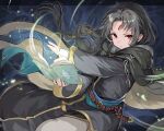  1boy belt black_cloak black_hair black_tunic book cloak closed_mouth commentary_request facial_mark fire_emblem fire_emblem:_path_of_radiance forehead_mark grey_pants haru_(nakajou-28) highres holding holding_book hood hood_down hooded_cloak long_hair looking_at_viewer magic male_focus pants red_eyes rope_belt solo soren_(fire_emblem) tunic 