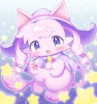  1girl absurdres animal_ears ascot blush brooch capelet cat_ears cat_girl cat_tail chibikemo commentary_request devilconnection full_body furry furry_female hat highres jewelry long_hair looking_at_viewer makemon! meteor_(makemon!) mirun_migyu outline pawpads pink_fur pink_hair purple_capelet purple_eyes purple_hat ringlets solo star_(symbol) straight-on tail white_outline yume_kawaii 
