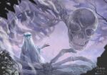  1girl absurdres cloak cloud cloudy_sky doll_joints dress elden_ring elden_ring_nightreign flower_wreath ghost headdress highres jewelry joints long_hair pin.s revenant_(elden_ring) skeleton sky tagme watermark waving white_dress white_hair 