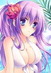  :o absurdres bad_id bad_pixiv_id bikini_top blue_eyes blush breasts cleavage close-up flower front-tie_top hair_flower hair_ornament highres large_breasts long_hair muku_(apupop) original purple_hair shiny shiny_skin solo swimsuit 
